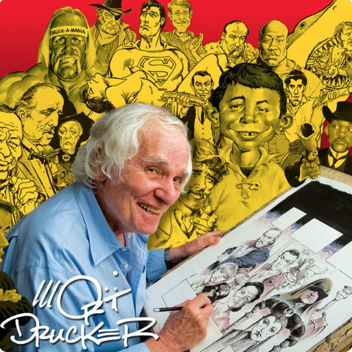 Mad Magazine cartoonist illustrator Mort Drucker at drawing board cover for book five decades of work