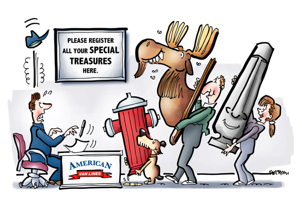 dog with huge fire hydrant guy with moose head woman with Easter Island statue registering their special treasures with moving company man