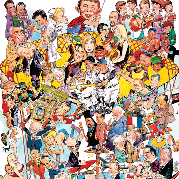 big montage of caricature drawings by Mad Magazine cartoonist illustrator Mort Drucker