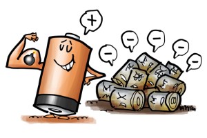 Big shiny battery making muscle being positive pile of leaky discolored batteries being negative