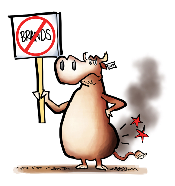 Angry cow holding sign that says no to brands smoke and pain stars showing cow got branded