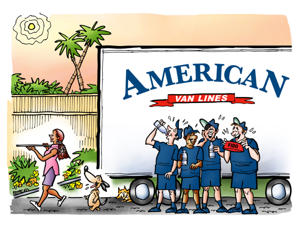 Woman has given bottles of water to American Van Lines movers on hot day her dog has given one of the men his water dish