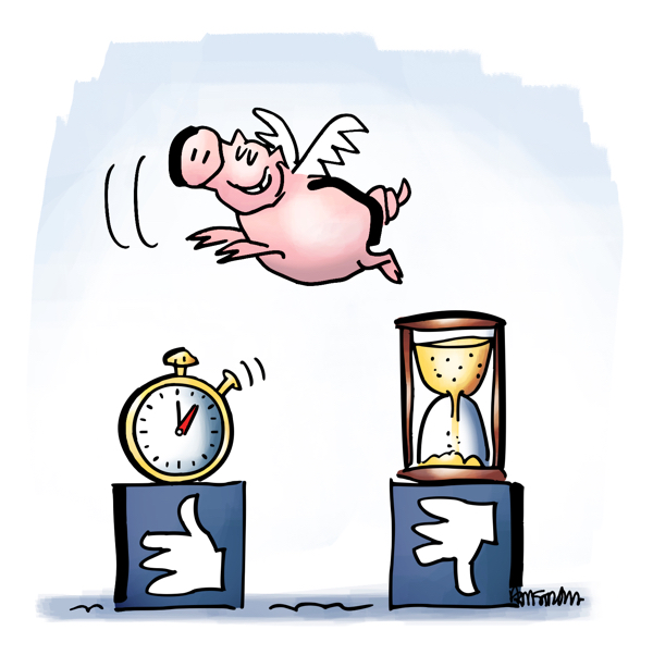pig with wings flying over stopwatch hourglass people less apt to believe fake news when they've had time to think about it