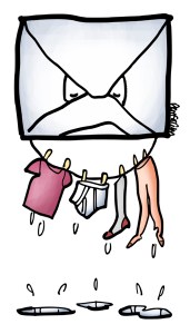 clothesline with wet dripping clothes attachments handing from big envelope representing email puddles on ground