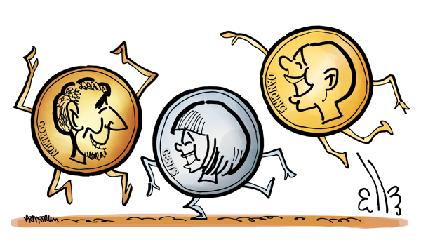 Three coins with profile faces Abe Lincoln oriental girl black man with arms legs Clive James humor is common sense cents dancing