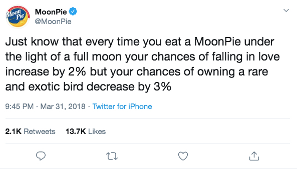screen shot Moonpie tweet full moon increase chance of fall in love decrease chance own exotic bird