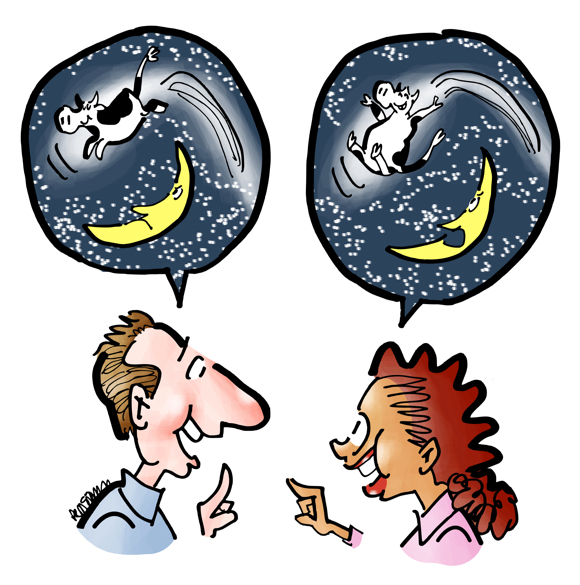 happy man woman talking word balloons two different versions of how cow jumped over moon