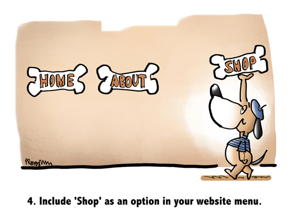 artist dog with beret striped shirt bones representing Home About on his website adding third bone for Shop