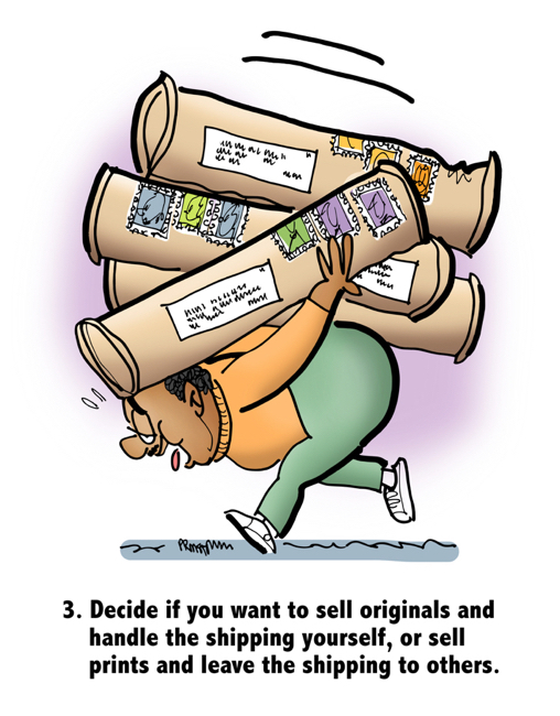 guy walking bent over carrying big cardboard mailing tubes for shipping artwork to customers