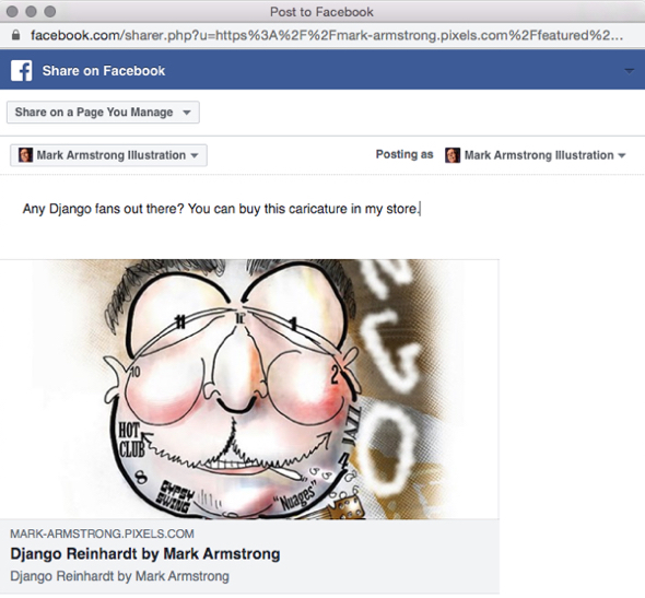 Django Reinhardt caricature artwork on Fine Art America screen which allows you to share artwork to your Facebook channel