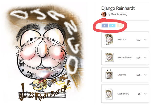 Django Reinhardt caricature artwork on Fine Art America has share buttons so can post to social media channels