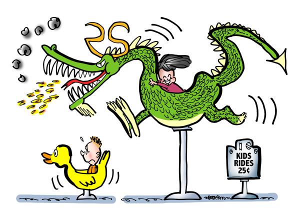 kids on coin-operated rides boy in tame yellow duck girl on wild fire-breathing dragon