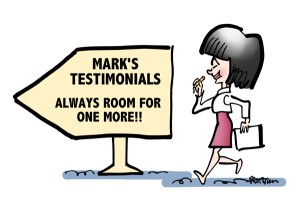 woman with paper pencil walking past sign Mark Armstrong Illustration testimonials always room for one more