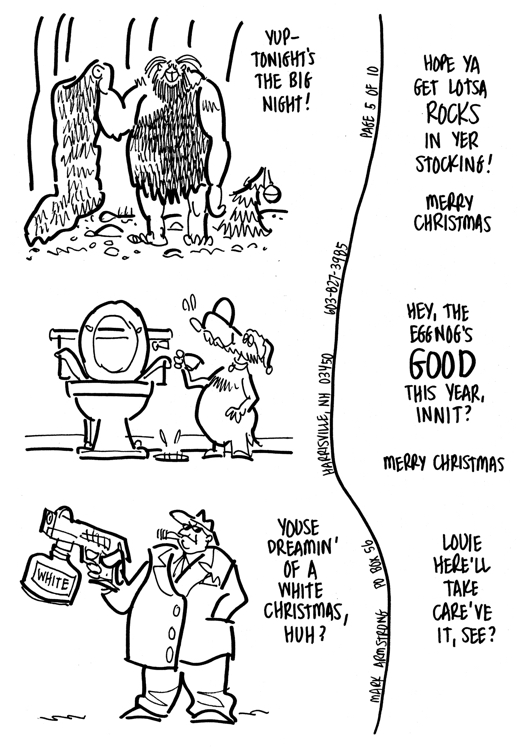 Christmas card designs caveman with big furry stocking dog drinking eggnog out of toilet gangster with snow gun