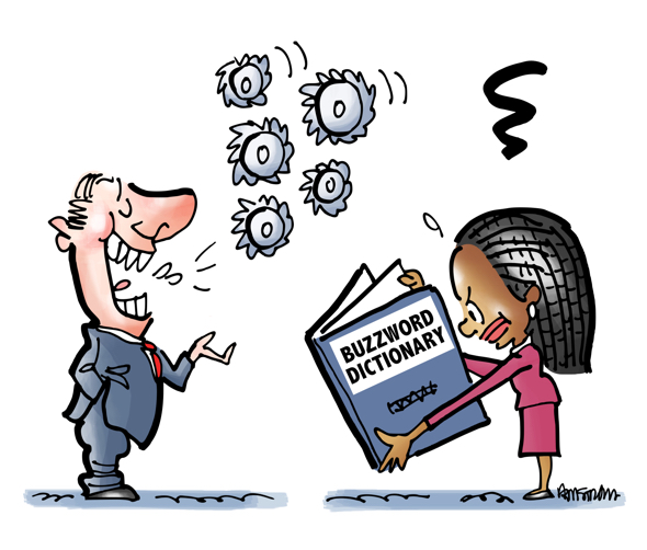 Businessman talking little spinning buzzsaws coming out of his mouth irritated woman listener is looking up words in buzzword dictionary