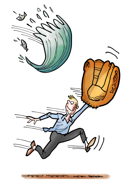 Young man with huge baseball glove running trying to catch a big wave of water that's flying through air with fish coming out of it