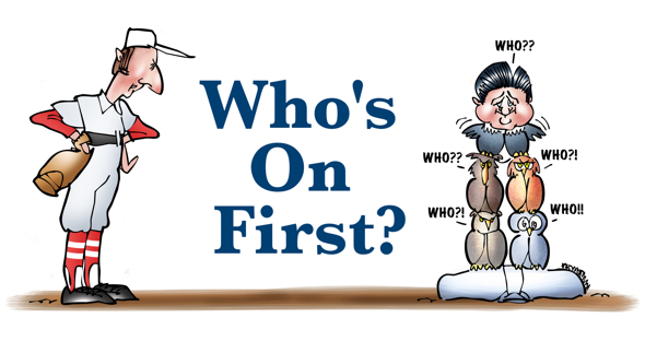 Abbott Costello caricatures baseball uniform Who's On First owls saying who perched on first base