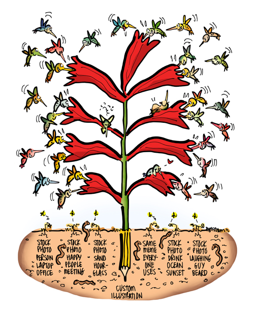 Plant with long tubular red flowers with hummingbirds swarming all around worms underground custom illustration attracts more attention than stock photos