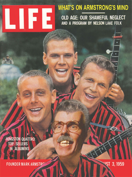 Parody of Life Magazine cover with Kingston Trio illustrator Mark Armstrong added as member of group name changed to Kingston Quattro