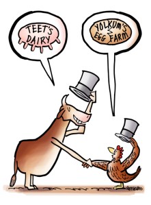Cow chicken introducing themselves tipping top hats brand ambassadors for Teet's Dairy Yolkum's Egg Farm