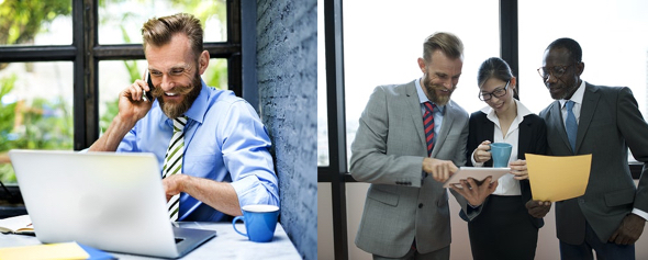 stock photos happy grinning guy with blond beard with cell phone at computer same guy with two young execs woman black guy looking at iPad
