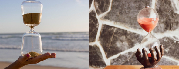 stock photos hand holding hourglass at beach sands of time hand sculpture holding hourglass with red sand