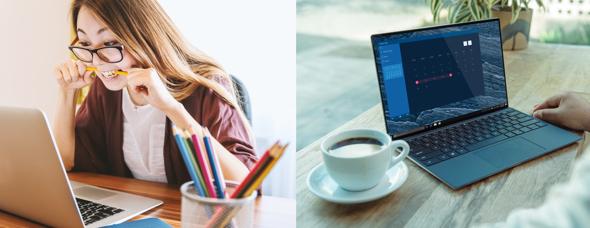 stock photos young woman at laptop biting pencil shot of open laptop desk cup coffee