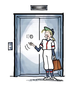 elevator pitch woman in baseball uniform with briefcase tossing baseball up and down in front of elevator