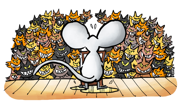 Mouse on stage at podium giving speech to roomful of hungry cats, mouse standing in urine puddle