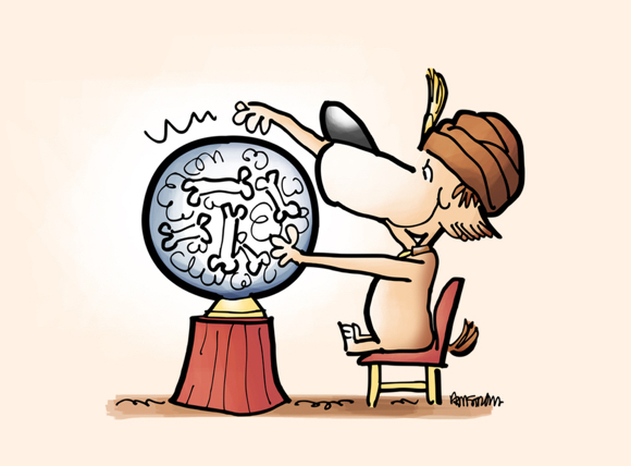 SEO tip to help people find your content dog sitting at crystal ball with vision of bones