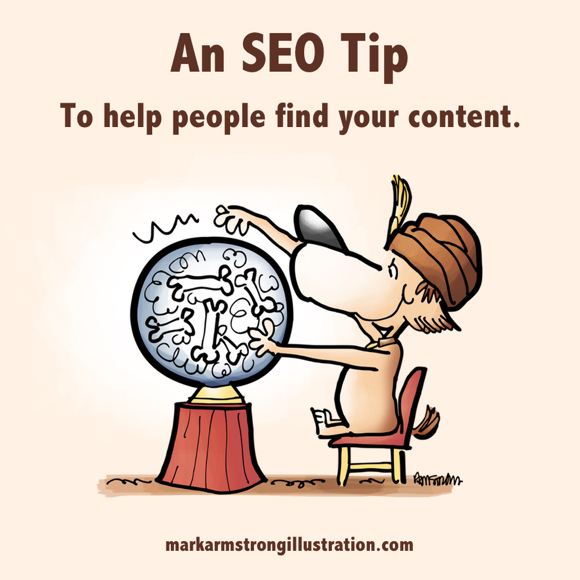 SEO tip to help people find your content dog sitting at crystal ball with vision of bones