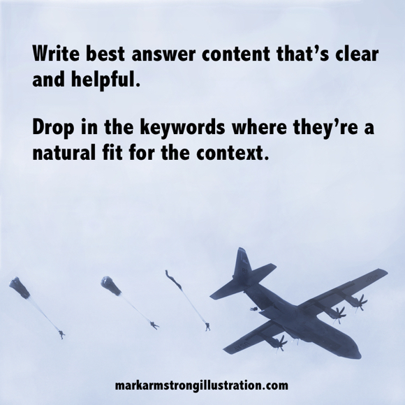 SEO tip write best answer content drop in keywords where natural fit for context guys parachuting out of plane