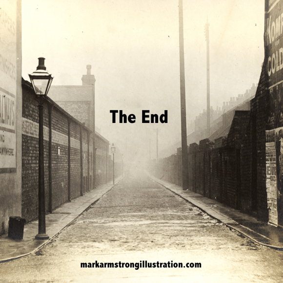 The End foggy deserted street stretching away to infinity
