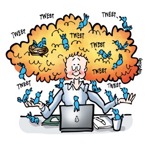 Young woman with big hair sitting in front of laptop computer surrounded with little blue birds tweeting some in her hair nest