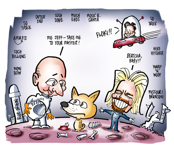 doge meme parody Jeff Bezos Richard Branson on moon with Shiba Inu dog Blue Origin Virgin Galactica rockets Elon Musk flying in Tesla rocket ship crying Floki