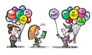 Two guys selling balloons customer walking away from Blame Others to guy selling Accept Responsibility For Mistakes No Excuses balloons