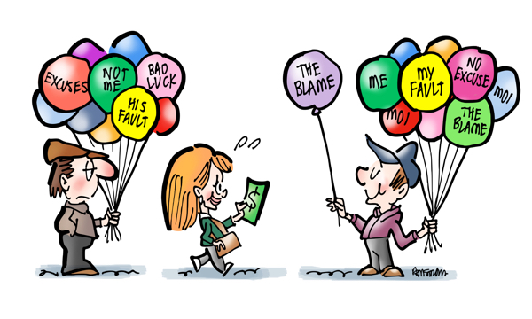 Two guys selling balloons customer walking away from Blame Others to guy selling Accept Responsibility For Mistakes No Excuses balloons