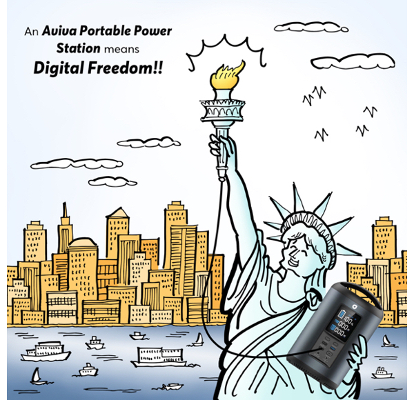 Statue of Liberty using Aviva portable power station to recharge torch New York harbor in background