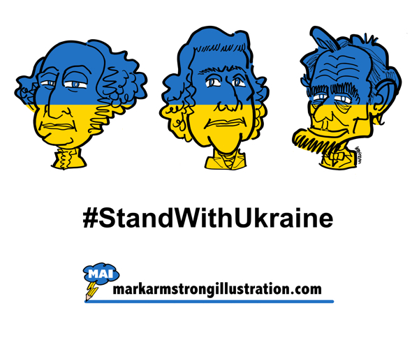 Caricatures of U.S. presidents George Washington, Thomas Jefferson, Abraham Lincoln, with colors of Ukrainian flag, blue and gold, overlaid on their faces, with #StandWithUkraine hashtag underneath
