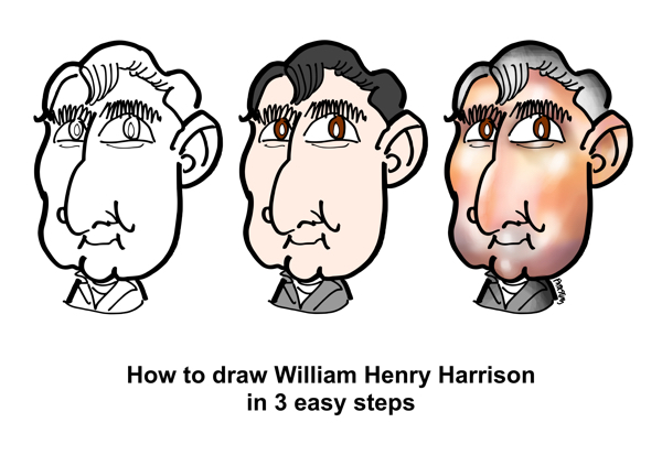 Caricature of U.S. president William Henry Harrison line drawing, flat color, final, how to draw him in three steps