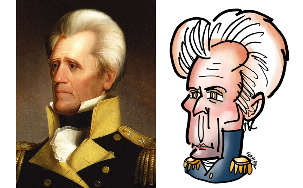 Painting of President and general Andrew Jackson next to Mark Armstrong caricature of Jackson