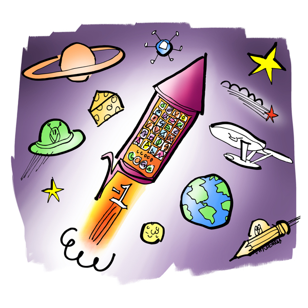 Mobile phone rocket blasting into space, powered by abstract mathematics concepts including imaginary numbers