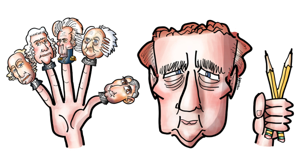 Caricature of best-selling author James Patterson holding up pencils and finger puppets of early American presidents George Washington, Thomas Jefferson, Andrew Jackson, Martin Van Buren, and William Henry Harrison