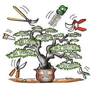Bonsai dwarf tree in pot representing old blog content, branches representing problems like bad links, jargon, stock photos, buzzwords, saw, shears, clippers, other gardening tools hovering around plant, poised to prune poor and outdated content