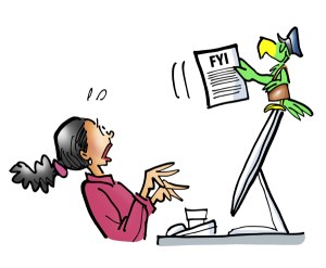 Woman at desktop computer, startled to see carrier pigeon with mailman's cap and mailbag standing on top of her monitor, delivering a FYI letter