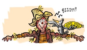 Crow perched on scarecrow's arm holding ear of corn, pushing scarecrow's ear like a doorbell, crow wants to do guest post on scarecrow's blog maize.marketing.corn