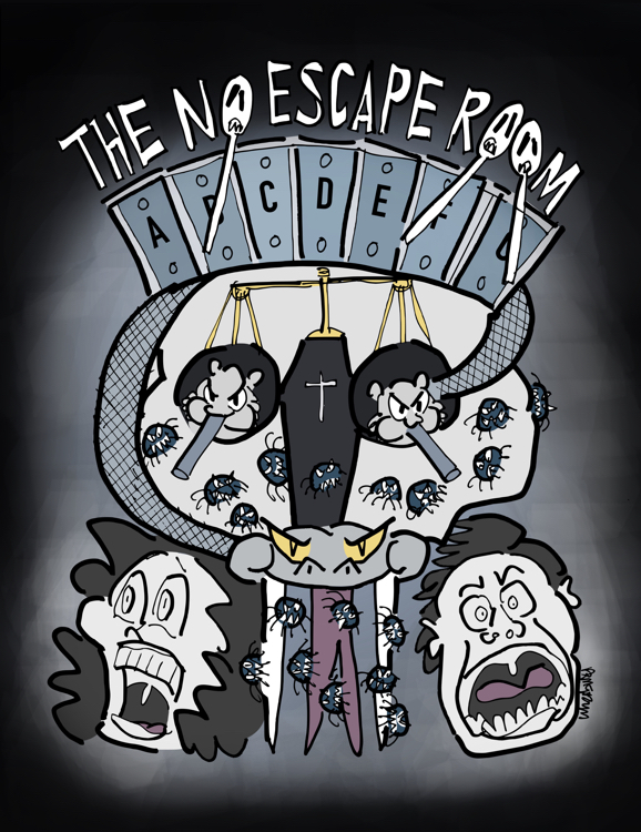cover art for flash fiction short story The No Escape Room skull with snake spiders toy xylophone scale coffin Whack-A-Mole game with blowguns screaming people