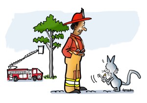 fireman watching as cat writes him a recommendation, fire truck in background indicates he has just rescued cat from a tree