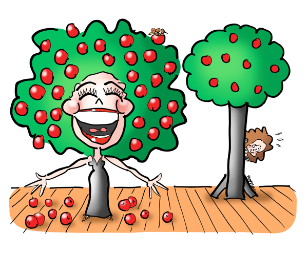 Woman singing on stage dressed like a tree in black gown with green hair filled with apples, behind her is her shy real self peeking out from behind fake stage apple tree