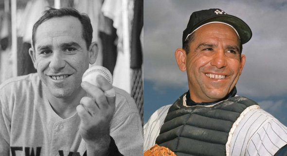 Two photographs of New York Yankee great Yogi Berra; left: holding baseball (Bettmann Archive); right: with chest protector and catcher's mitt (Associated Press)